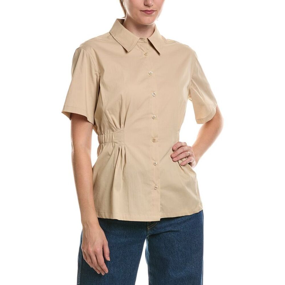 Anne Klein Womens  Pleated Waist Button-Up Shirt, Brown